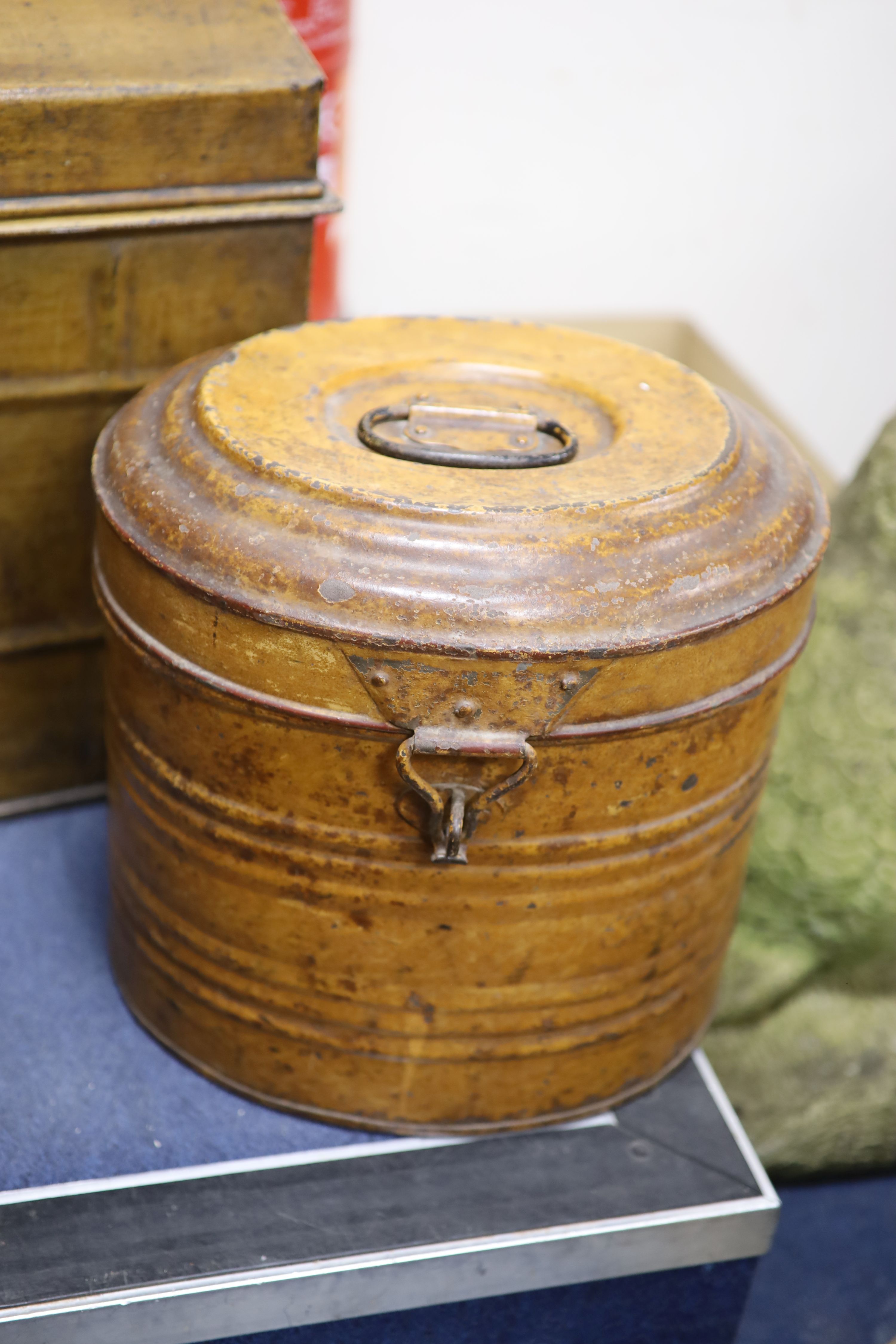 Five Victorian painted tin trunks/hat boxes